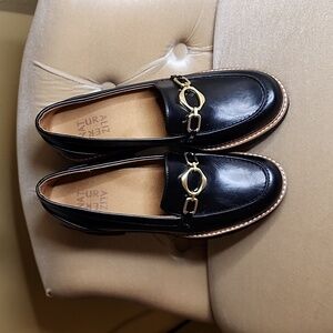 Naturalizer black mules with gold accent buckles like new very good condition